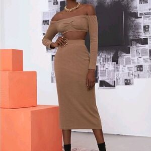 KNIT MIDI SKIRT SET TOP  OFF SHOULDER TOP & HIGH WAIST SKIRT